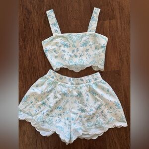 Women’s Two-Piece Floral Crop Top & Shorts Pajama Set - White & Light Blue